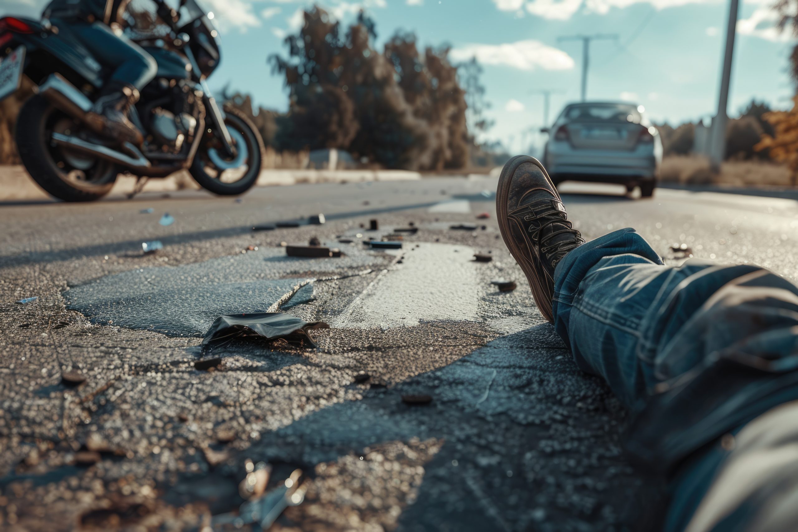 legs person lying road after motorcycle car accident scaled